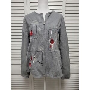 SZ M Winter Cardinals Gray Fleece full Zip Cardigan Embroidered Croft & Barrow